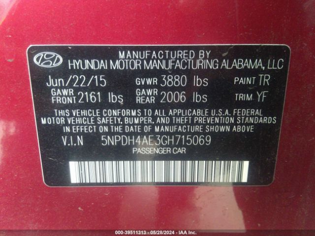 5NPDH4AE3GH715069 Hyundai ELANTRA SE