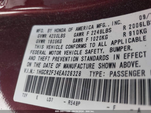 Honda ACCORD LX 2014 1HGCR2F34EA026328 Image 9