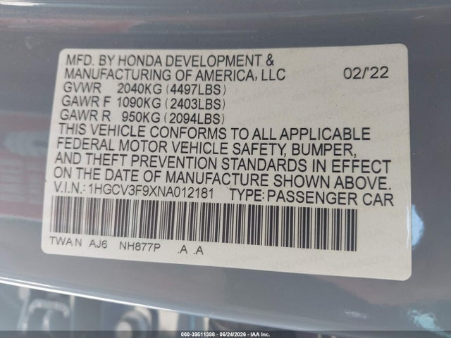 1HGCV3F9XNA012181 Honda Accord Hybrid Touring