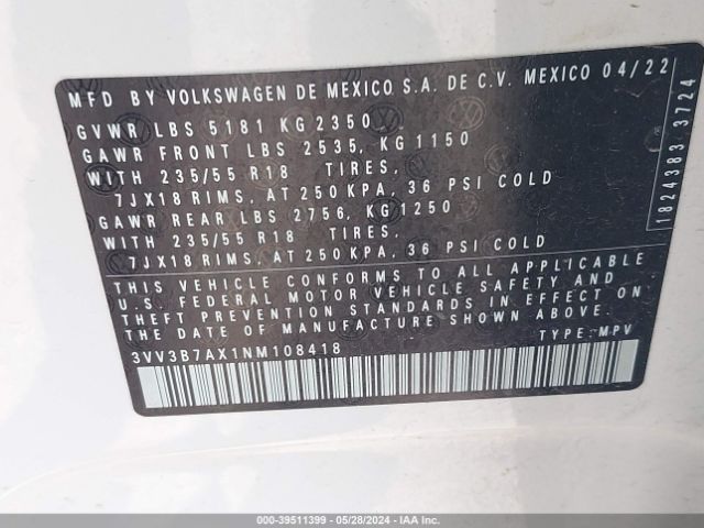 3VV3B7AX1NM108418 Volkswagen Tiguan 2.0t Se