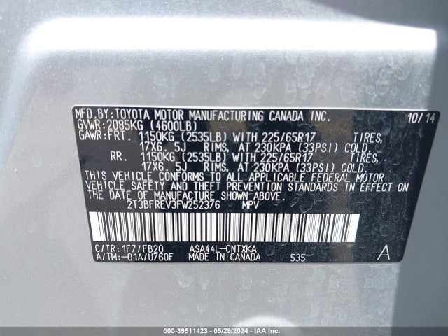 Toyota RAV4 LE 2015 2T3BFREV3FW252376 Image 9