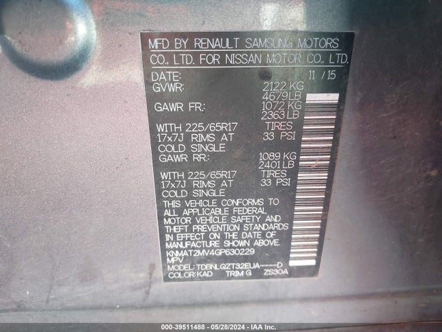 Nissan ROGUE SV 2016 KNMAT2MV4GP630229 Image 9