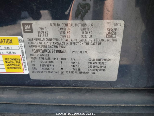 Chevrolet Traverse 2lt 2015 1GNKRHKD7FJ198535 Image 9