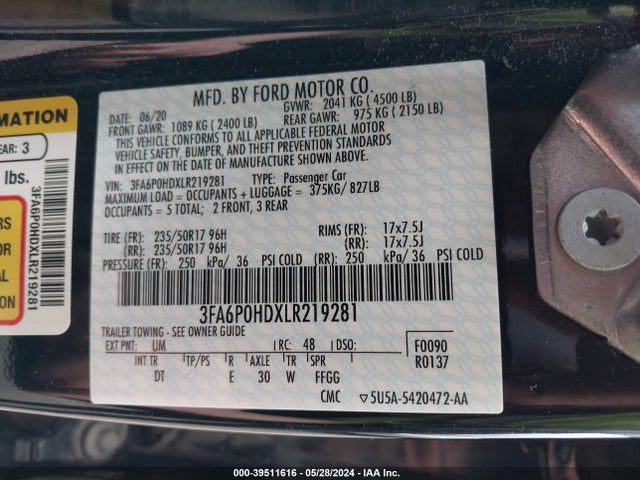 Ford FUSION SE 2020 3FA6P0HDXLR219281 Image 9