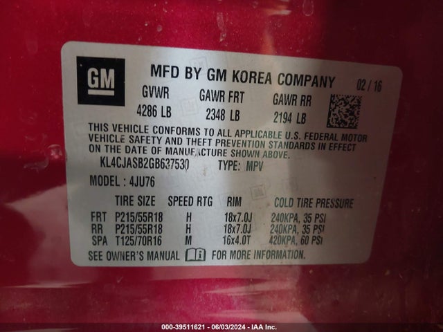 KL4CJASB2GB637530 Buick Encore
