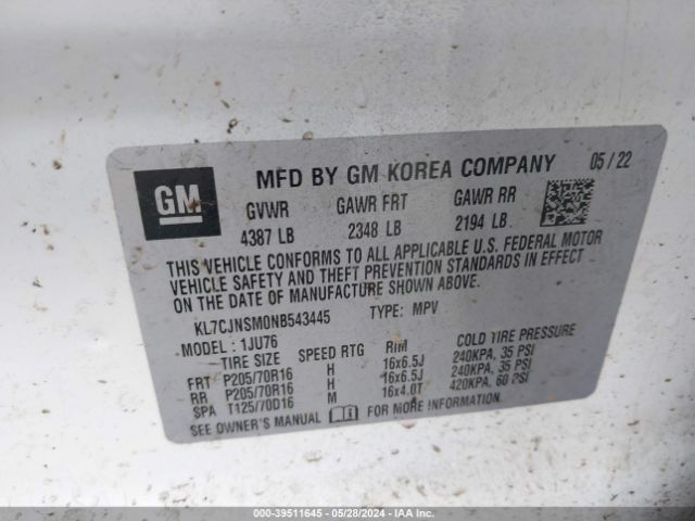 KL7CJNSM0NB543445 Chevrolet Trax Awd Ls