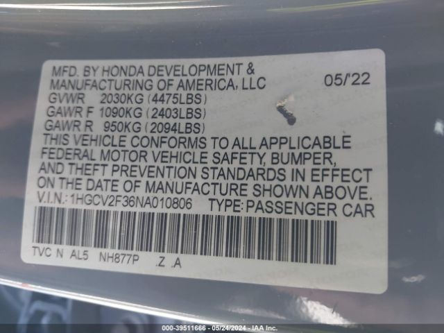 1HGCV2F36NA010806 Honda Accord Sport 2.0t