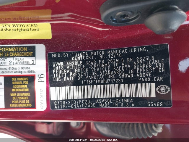 Toyota CAMRY LE 2017 4T1BF1FK0HU717231 Image 9