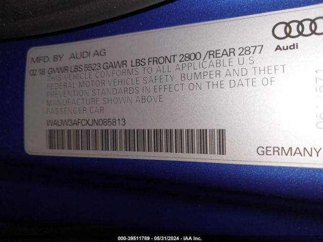 WAUW3AFCXJN085813 Audi A7 3.0t Premium Plus