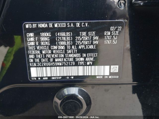 3CZRU6H59NM752129 Honda Hr-v Awd Ex
