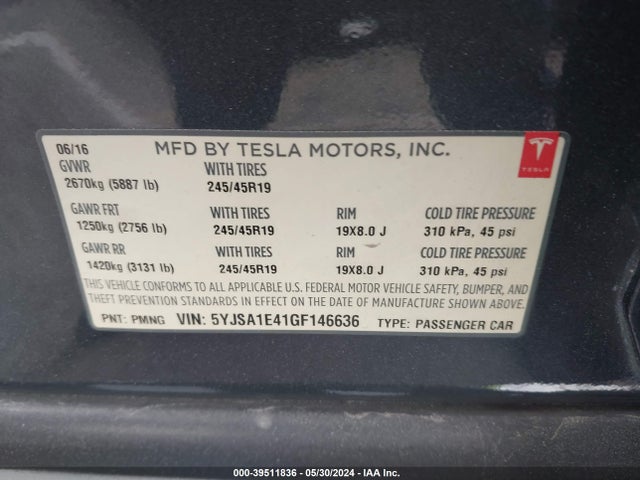 Tesla Model S 90d/p100d/p85d/p90d 2016 5YJSA1E41GF146636 Image 9