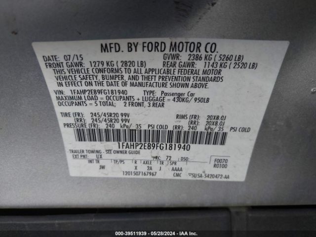 1FAHP2E89FG181940 Ford TAURUS SEL