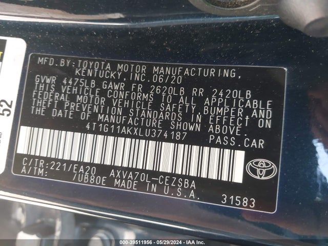 39511956 :رقم المزاد ، 4T1G11AKXLU374187 vin ، 2020 Toyota Camry Se مزاد بيع