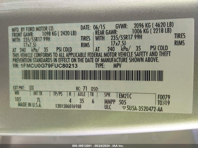 Ford ESCAPE SE 2015 1FMCU0G79FUC80213 Image 9
