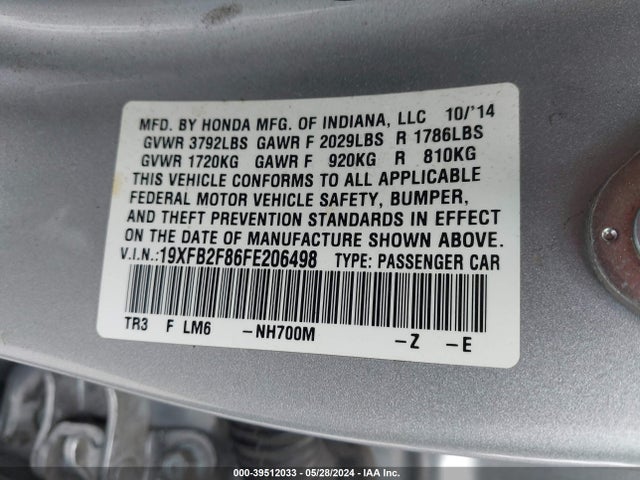 Honda CIVIC EX 2015 19XFB2F86FE206498 Image 9
