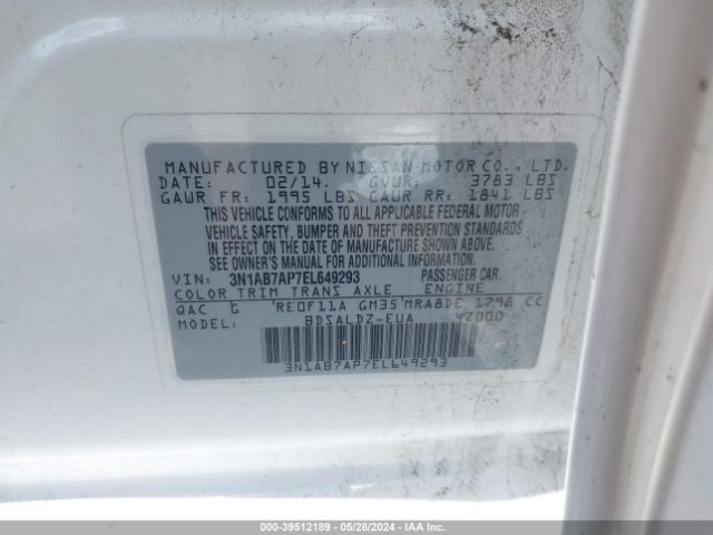 3N1AB7AP7EL649293 Nissan Sentra Fe+ S/fe+ Sv/s/sl/sr/sv