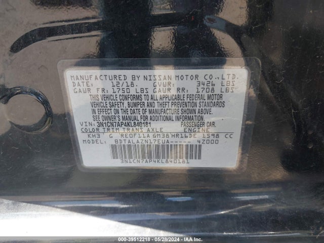 Nissan Versa 1.6 S+ 2019 3N1CN7AP4KL840181 Image 9
