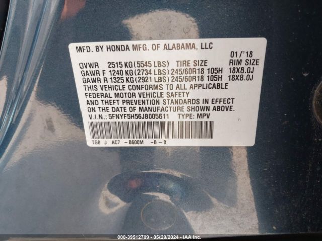 5FNYF5H56JB005611 Honda Pilot Ex-l