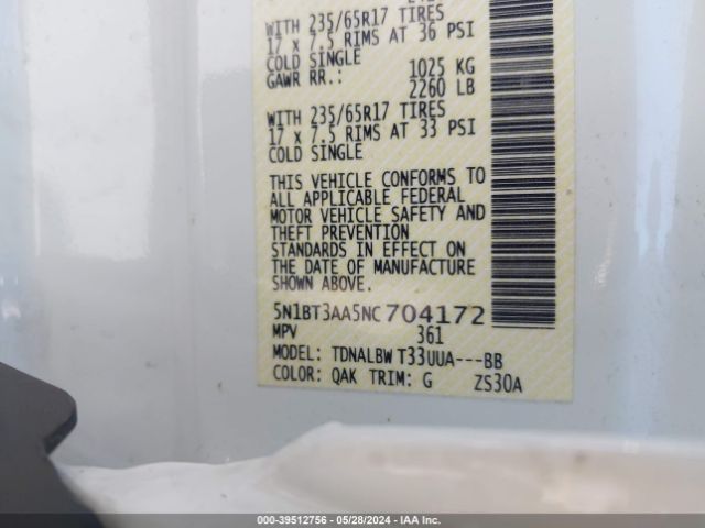 5N1BT3AA5NC704172 Nissan Rogue S Fwd