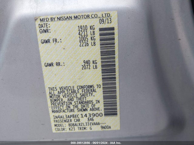 Nissan Altima 2.5 S 2014 1N4AL3AP8EC143900 Image 9