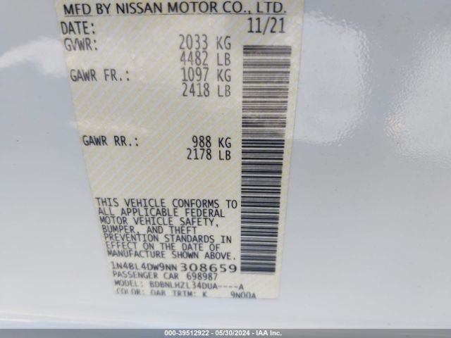 1N4BL4DW9NN308659 Nissan Altima Sv Intelligent Awd