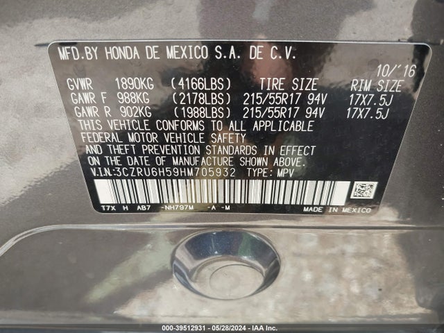 Honda HR-V EX 2017 3CZRU6H59HM705932 Image 9