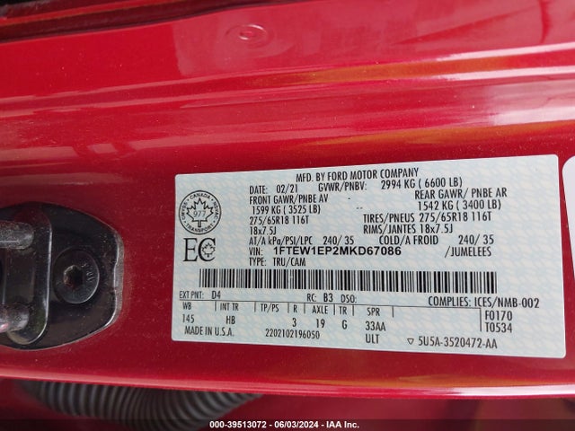 Ford F-150 Lariat 2021 1FTEW1EP2MKD67086 Image 9
