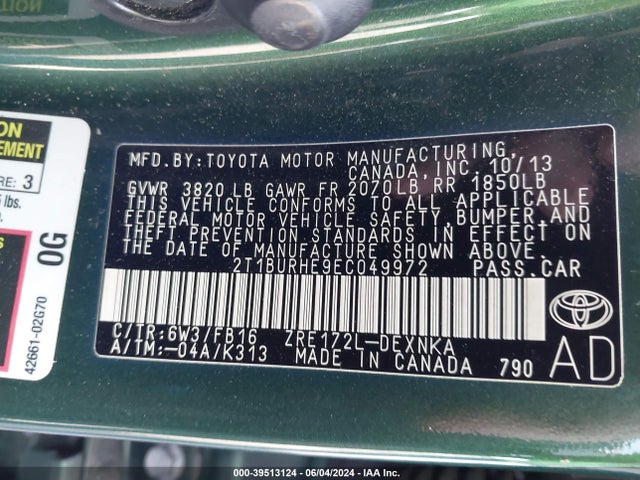 Toyota COROLLA LE 2014 2T1BURHE9EC049972 Image 9