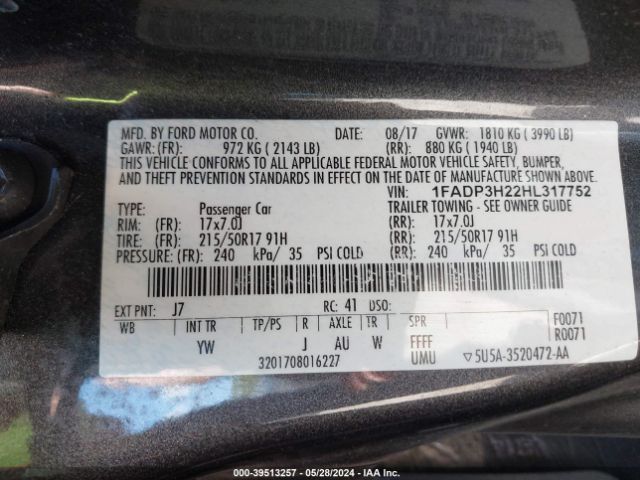 1FADP3H22HL317752 Ford FOCUS SEL