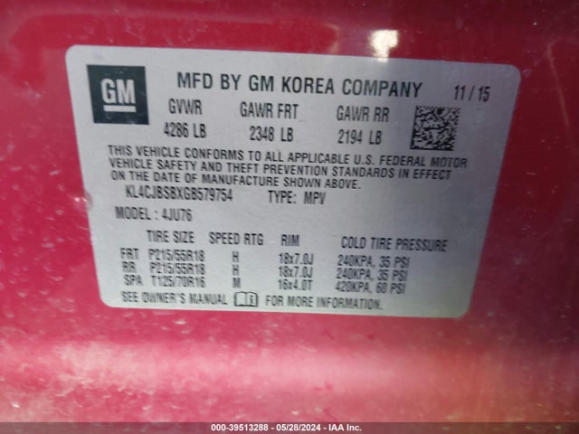 KL4CJBSBXGB579754 Buick Encore Convenience