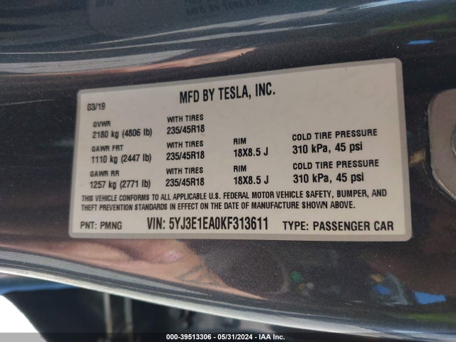 5YJ3E1EA0KF313611 Tesla Model 3 Long Range/mid Range/standard Range/standard Range Plus