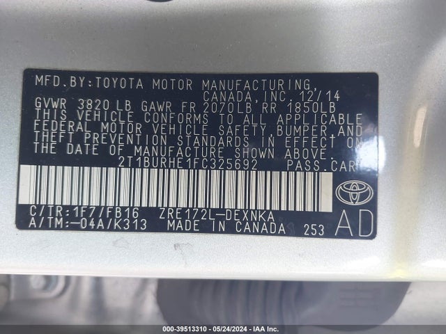 Toyota COROLLA LE 2015 2T1BURHE1FC325692 Image 9