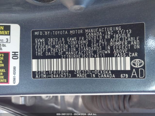 2T1BURHE3EC074611 Toyota Corolla S Plus