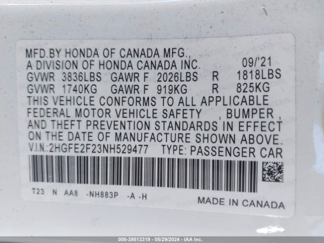 2HGFE2F23NH529477 Honda Civic Lx