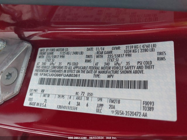Ford ESCAPE SE 2015 1FMCU0G98FUA80361 Image 9
