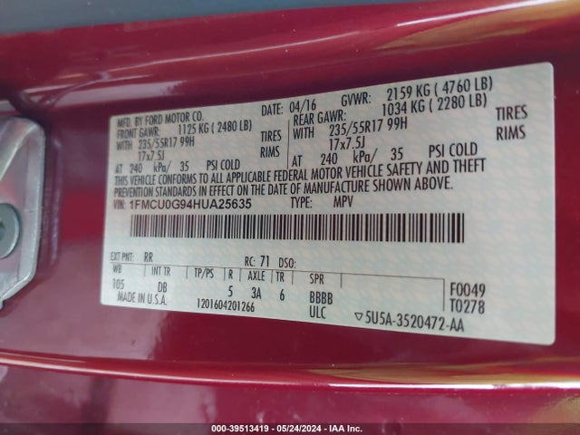 Ford ESCAPE SE 2017 1FMCU0G94HUA25635 Image 9
