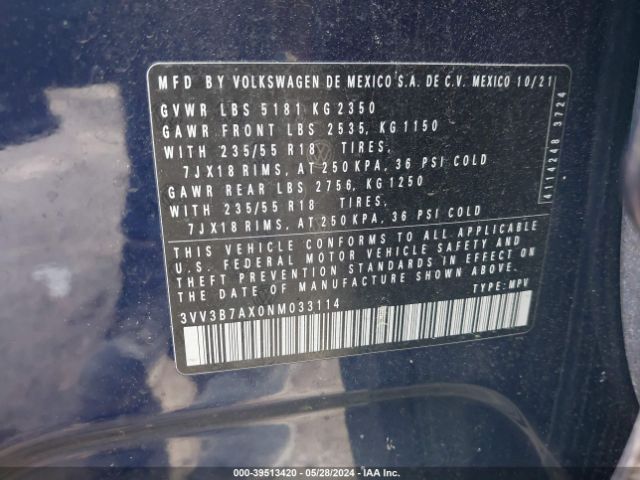 3VV3B7AX0NM033114 Volkswagen Tiguan 2.0t Se