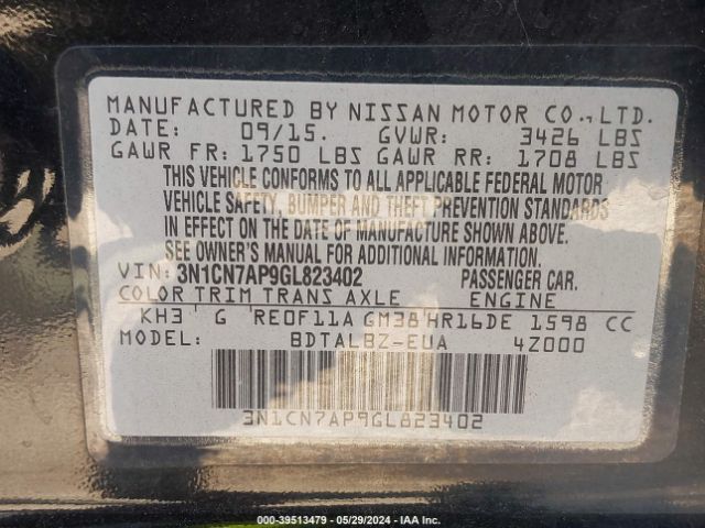 3N1CN7AP9GL823402 Nissan Versa 1.6 S/1.6 S+/1.6 Sl/1.6 Sv
