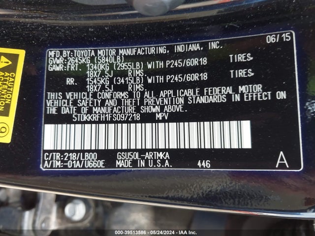 Toyota Highlander Xle V6 2015 5TDKKRFH1FS097218 Image 9