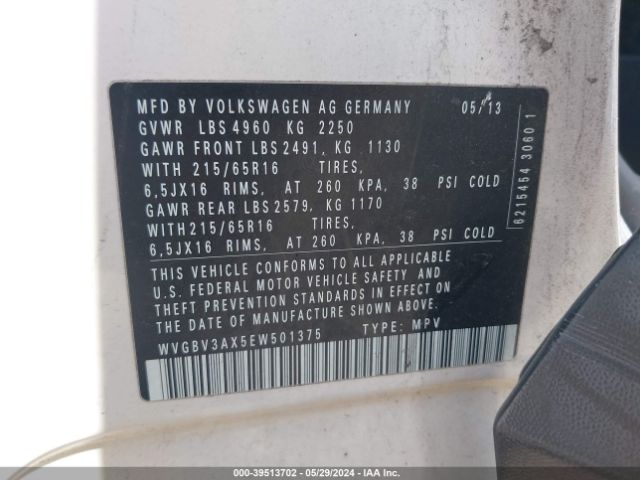 WVGBV3AX5EW501375 Volkswagen TIGUAN S