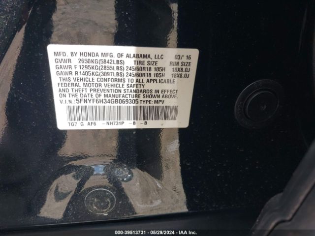 5FNYF6H34GB069305 Honda Pilot Ex