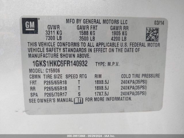 1GKS1HKC6FR140932 GMC Yukon Xl 1500 Slt