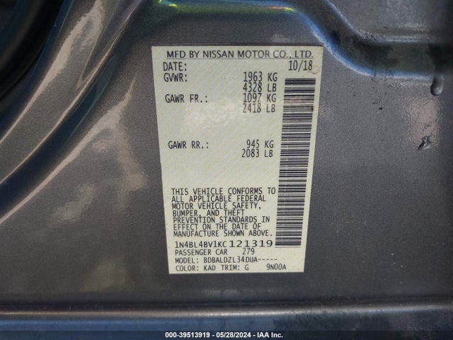 Nissan Altima 2.5 S 2019 1N4BL4BV1KC121319 Image 9