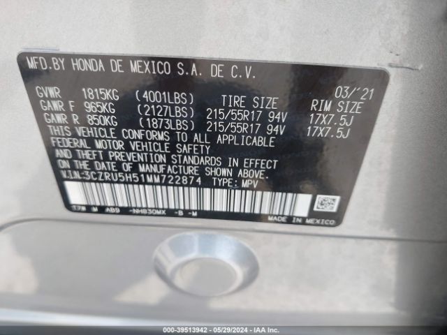 3CZRU5H51MM722874 Honda Hr-v 2wd Ex