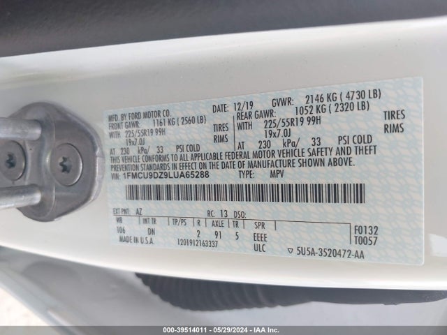 1FMCU9DZ9LUA65288 Ford Escape Titanium Hybrid