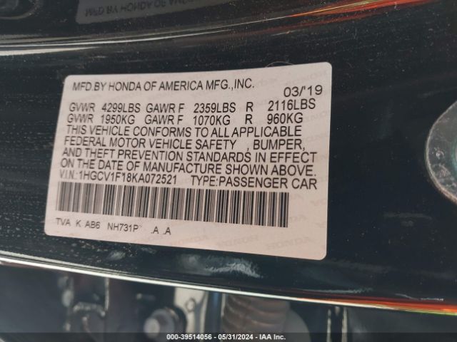1HGCV1F18KA072521 Honda ACCORD LX