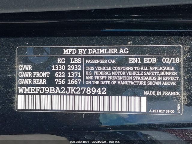 WMEFJ9BA2JK278942 Smart Fortwo Electric Drive Passion/prime/pure