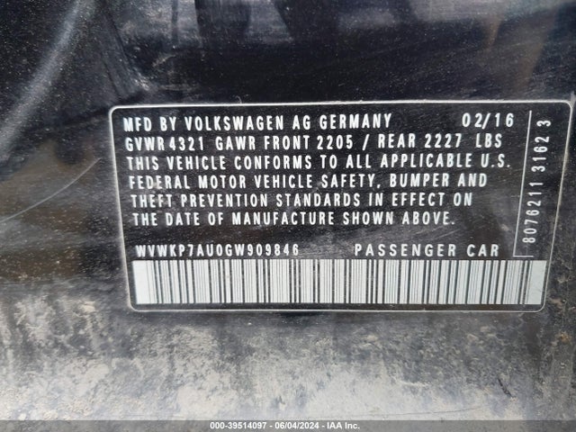 WVWKP7AU0GW909846 Volkswagen E-golf Se
