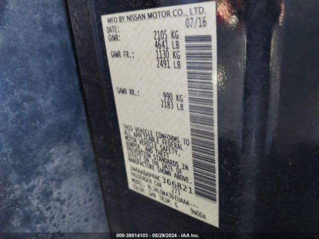 1N4AA6AP4HC366821 Nissan Maxima 3.5 Platinum/3.5 S/3.5 Sl/3.5 Sr/3.5 Sv