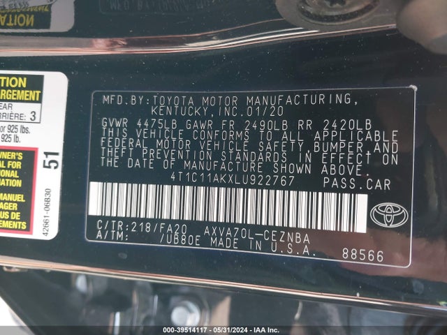 Toyota CAMRY LE 2020 4T1C11AKXLU922767 Image 9